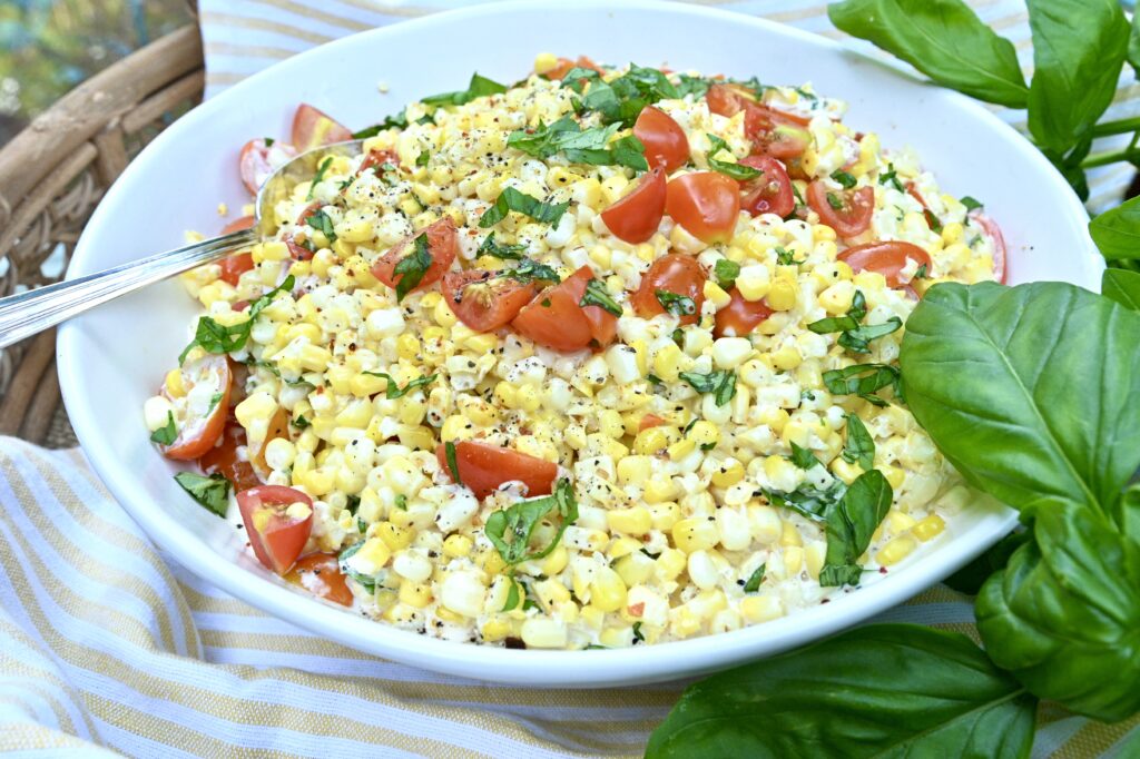 Overhead view of Fresh Corn Salad with Basil & Tomatoes