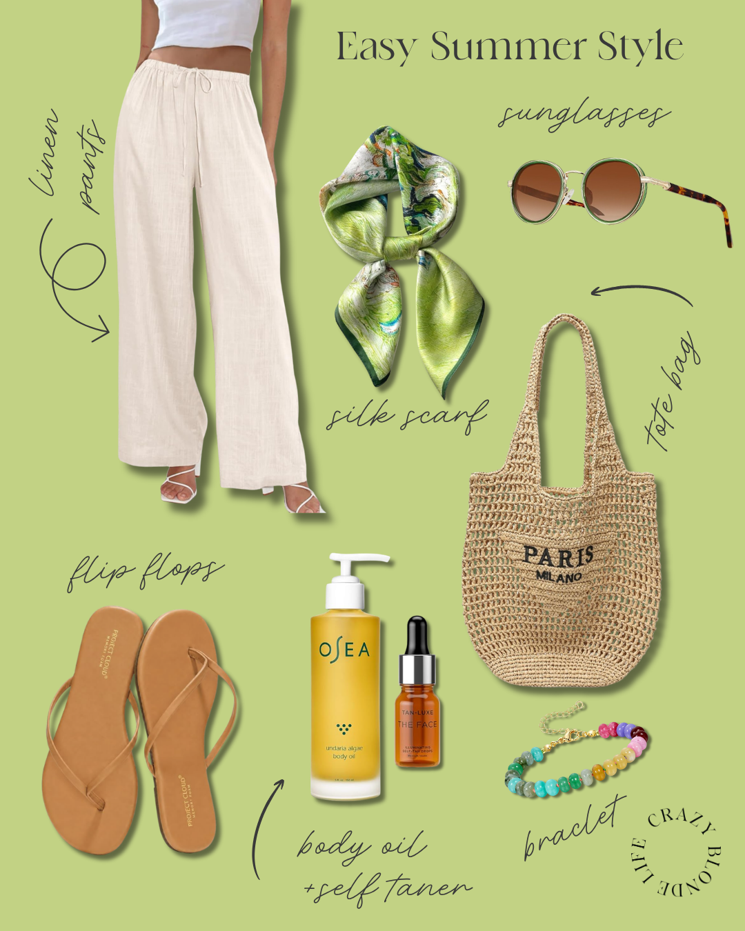 Collage with linen pants, raffia bag, summer sandals, body oil, face self tanner, sunglasses, beaded bracelet and silk scarf